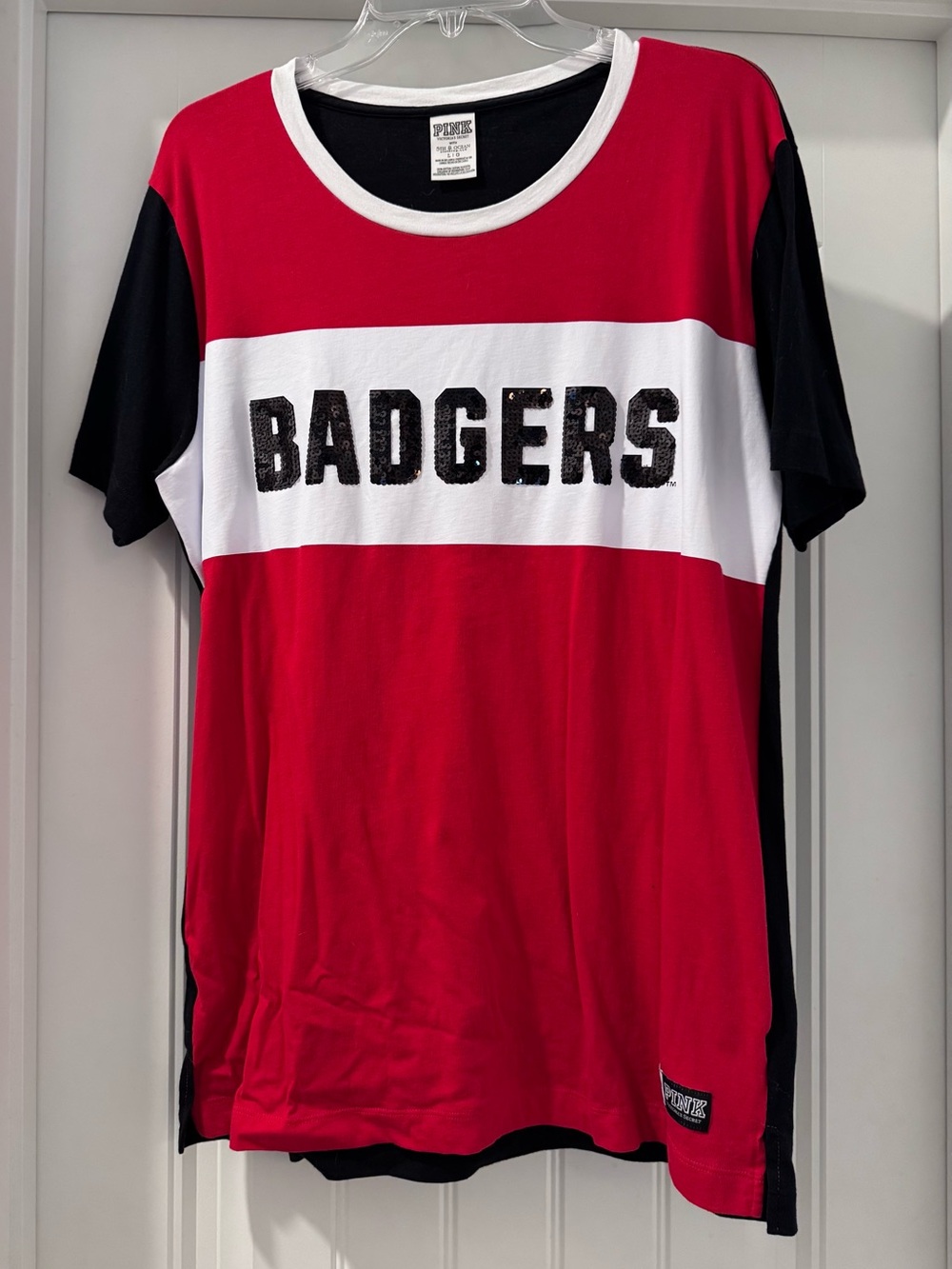 PINK- Victoria's Secret Badgers Red & Black Women's Team Sequined T-Shirt